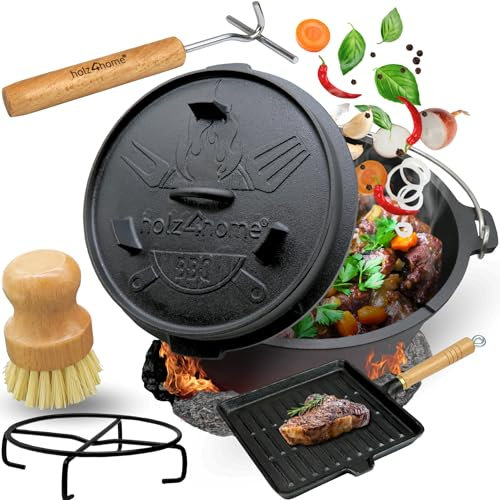 holz4home® 6-teiliges Dutch Oven Set I 9L Feuertopf Gusseisen I Mit Grillpfanne Deckelheber Reinigungsbürste Untersetzer I Schmortopf zum Camping