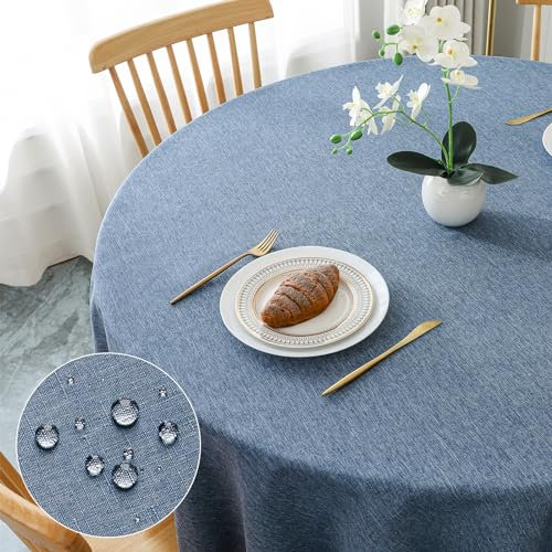 AooHome Tischdecke Rund Φ140cm, Blau Leinen-Optik Tischdecken Abwaschbar Tischtuch aus Polyester Wasserabweisend mit Lotuseffekt, Dauerhaft Kratzfest für Wohnzimmer, Esszimmer, Balkon, Garten