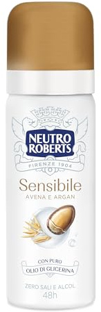 Neutro Roberts, Deodorante Spray Pelle Sensibile con Avena Lenitiva e Argan, Zero Sali di Alluminio, Zero Alcol, con Puro Olio di Glicerina, Per Pelli Sensibili, Dermatologicamente Testato, 50 ml, 48h