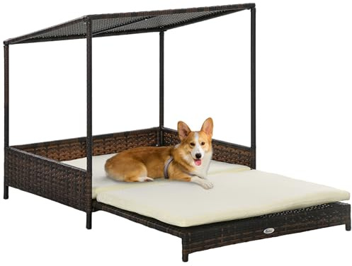 PawHut Wicker Dog House Outdoor with Canopy, Rattan Dog Bed with Removable Cushion, Raised Dog Bed, Cat Shelter, Patio Pet Sofa for Medium Sized Pet Mixed-Brown