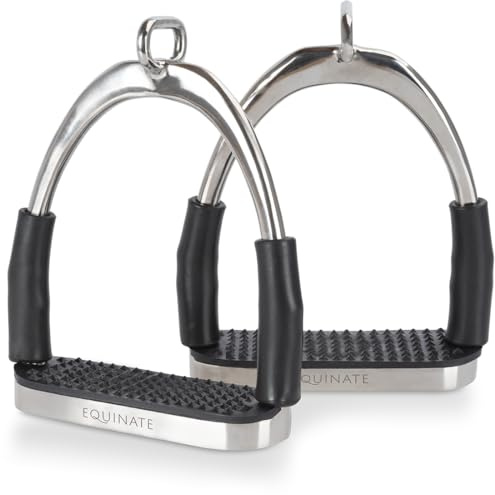 Equinate Sicherheitssteigbügel Charles 10cm Edelstahl - Mit Anti-Rutsch Trittfläche aus Gummi - Steigbügel für Erwachsene und Kinder - Entlastet die Fußgelenke - 2 Stück