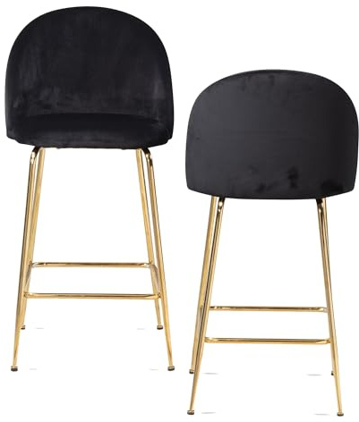 Wohnling 2er Set Barhocker Samt Schwarz Hocker mit Lehne & goldenen Beinen, Küchenhocker Skandinavisch Stoff/Metall 110 kg, Design Barstuhl Tresenhocker, Bistrohocker Gepolstert