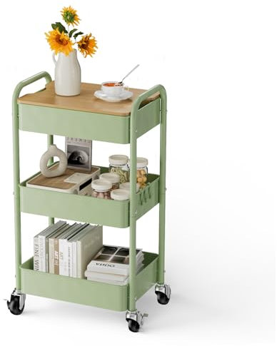 Shrivee Carrito con Ruedas de 3 Niveles con Mesa, Carrito de Servir, Carrito Multiusos de Metal, Estante con Ruedas, Organizador, Estante de Cocina, Carrito Multiusos Estable para Cocina(Verde)