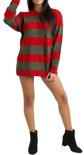 Ladies Horror Freddy Krueger Style Halloween Red Green Stripe Knitted Jumper Dress Top 12-14