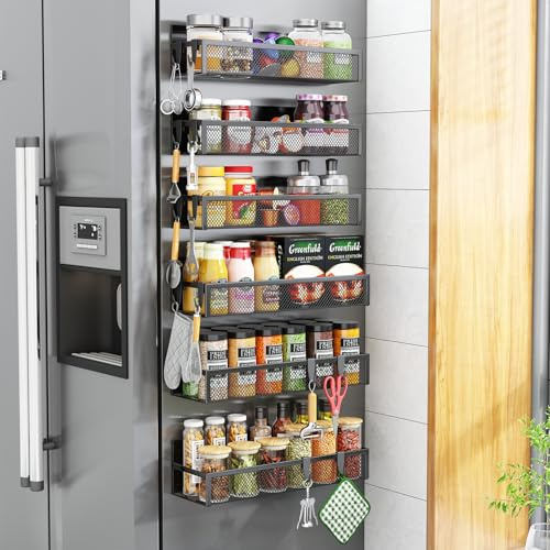 Aufworld Porte-épices magnétique pour réfrigérateur - Lot de 6 étagères magnétiques, organisateur frigo avec 12 crochets amovibles, étagère magnétique pour rangement et organisation de cuisine