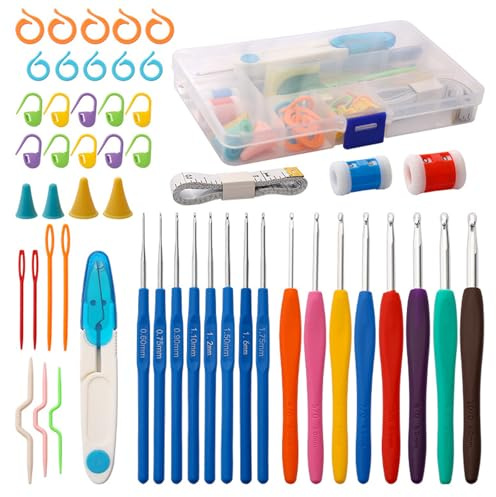 Juego de 53 ganchos de ganchillo, agujas de tejer coloridas con asas ergonómicas de goma de agarre suave, kits de ganchillo para principiantes y adultos