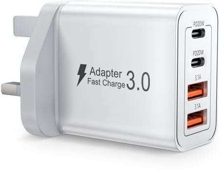 USB C Plug Fast Charger 40W 4 Port with Dual PD 3.0 & QC Multi Phone Charger Adapter UK Wall Mains Plug for iPhone 16 15 14 13 12 11 Pro Max X XR XS 8 7 6 6S Plus 5 5S SE,iPad,AirPods,Samsung
