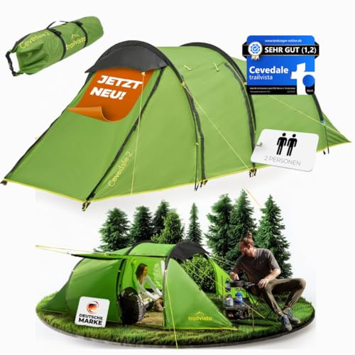 trailvista® Cevedale Zelt 4 Personen Wasserdicht, leicht, kompakt & schnell aufbaubare Zelte, Camping Zelt mit Vorzelt - Tent, Familienzelt, Tunnelzelt 4 Personen Zelt (grün - 2 Personen)