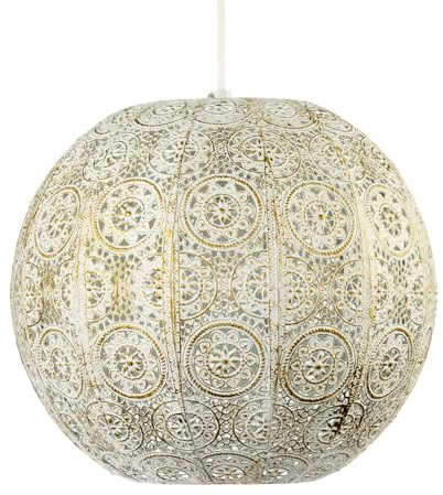 Spherical Moroccan Pendant Lighting Shade in Brushed Cream Gold Metal - Vintage and Classic Design | 30cm x 26cm by Happy Homewares