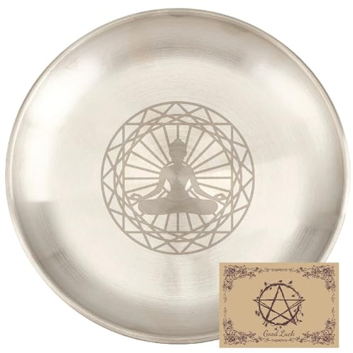 CREATCABIN Yoga Meditation Ritual Plate Stainless Steel Offering Bowl Flat Round Tray Offering Bowl Candle Holder with Divination Card Jewelry Dish for Smudging Incense Burner 5.55Inch