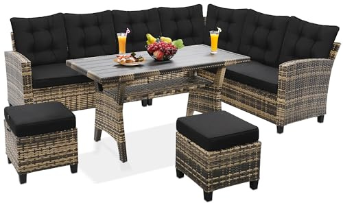 KROFEM 6-Piece Patio Furniture Set, Outdoor Sectional Sofa with Dining Table & Chairs, All-Weather Dining Set with Removable Cushion Covers, Ideal for Garden, Porch, Backyard, Black