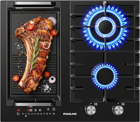 GASLAND GIH604BF 60 cm Gas- und Induktionskochfeld, Gaskochfeld mit Wokbrenner (5200 W Gesamtleistung) & Induktionskochfeld 3500 W mit BBQ-Funktion, Schwarzes Glas Einbaukochfeld (Ohne Bratpfanne)