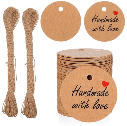 DOPENSPI Lot de 200 étiquettes cadeaux en papier kraft faites à la main avec amour avec 40 mètres de cordon de jute de 3 cm - Étiquettes rondes en papier cadeau - Étiquettes à suspendre décoratives