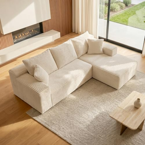 Besbed Sofa Bed with Modular Sectional, L-Shaped Corner Couch with Armrests and Cushions, Corduroy Sectional with Chaise Lounge, for Living Room/Bedroom/Office (Cream, L-Shaped)