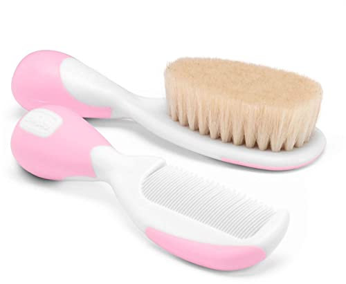 Chicco barns hårborste och kamset, babyborste med mjuka naturliga borst, kam med rundade spetsar, halkskydd - Babytillbehör 0+ månader, rosa