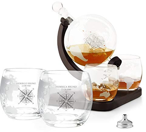 Maverton Decanter per Whisky in vetro - incisione personalizzata - Caraffa a forma di mappamondo da 850 ml + 4 Set bicchieri whisky - idea regalo per la coppia - viaggiatori