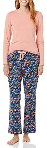 Amazon Essentials Conjunto de Dormir Ligero de Franela y Camiseta de Manga Larga para Mujer, Color Rosa salmón, Camuflaje Floral, XXS