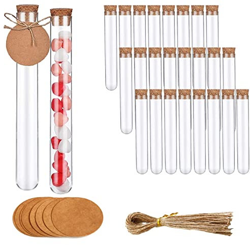 24 Reagenzglas mit Korken 20ml Reagenzgläser 16x150mm Kunststoff Reagenzgläser für Blumen Gastgeschenk Hochzeits Deko Badesalz Gefüllt Reagenzgläser mit Korken 50 Kraftpapieranhänger 25m Hanfseil