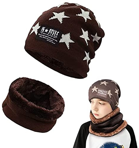 AOMAIGAD Conjunto de Gorro de Punto Invierno Térmico y Bufanda para Niños, Conjunto Gorro y Bufanda de Punto 2 en 1, con Forro de Lana para Niños y Niñas, 5-16 años (marrón)