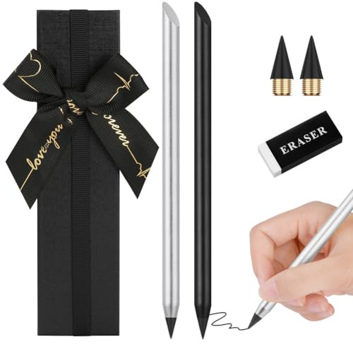 AUAUY 2-pack bläckfri penna i metall, återanvändbar evighetspenna med 2 utbytbara spetsar, 1 radergummi och 1 presentfodral för att skriva och rita studenter, hemmakontor, skolmaterial