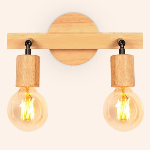 LIGKIN Aplique de Pared Vintage E27 Lámpara de Pared de Madera Apliques 2 Focos Cabezal Giratorio Ajustable Lámpara Techo Focos Interior para Dormitorio Salón Pasillo