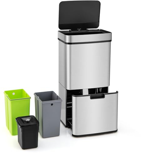 COSTWAY 72L Pattumiera Differenziata, Bidone della Spazzatura in Acciaio Inox con 3 Scomparti e Sensore di Movimento, Coperchio a Chiusura Morbida, Ideale per Casa Ufficio (Argento)