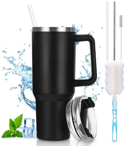 Toaren 1200ml Vaso Térmico con Asa y Pajita, Taza de Viaje de Acero Inoxidable Taza Termica con Pajita, Taza de Café Aislamiento de Doble Vaso de Viaje de Café con Cepillars para Café Frío o Caliente