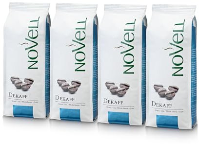 NOVELL - Café Descafeinado en Grano Natural 100% Arábico 1kg | Descafeinado en Grano para Experiencia Gourmet Premium | 4 Bolsas de 250 g | Fácil Uso con Válvula Unidireccional | 100% Arábica
