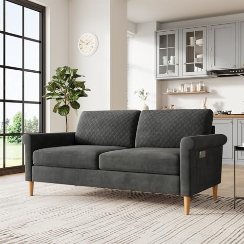 Vesgantti Sofa 2 Sitzer Grau, Stoff Doppelsofa 164cm mit beidseitigen Taschen, Sofa mit Kissen Montage ohne Werkzeug für Wohnzimmer, Schlafzimmer, Büro, kleinen Raum 164L*76D*85H cm