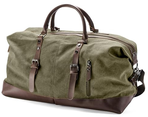 Trendhim Bolsa grande de lona de grafito vintage y cuero marrón para hombre, para viajes, escapadas de fin de semana, elegante y duradera para viajes nocturnos, Green, 55 x 30 cm
