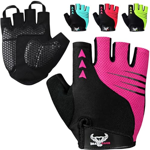 BEAST RAGE Guantes de Ciclismo de Medio Dedo para Hombres y Mujeres – Guantes de Bicicleta Acolchados, Transpirables, Antideslizantes, sin Dedos, Guantes de Bicicleta de Carretera (Rosa, S)