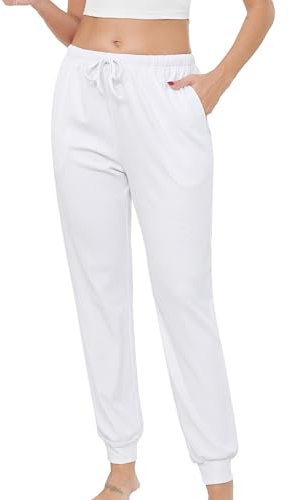 Wikoan Bas de Pyjama Femme Hiver Pantalon Pyjama avec Poches Pantalon de Nuit Loisirs Confortable Respirant pour Yoga Loisir Jogging Blanc L