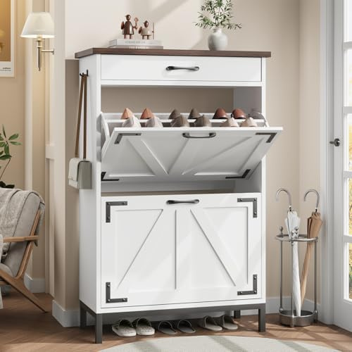 Jocoevol Schuhschrank, Schmaler schuhkipper mit 2 Klappfächern & 1 Schublade, Schuhkommode mit Metallbeinen für Flur & Eingangsbereich, platzsparend & modern (Weiß)