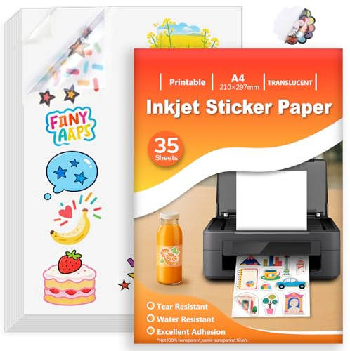 35 Hojas Papel Pegatina para Imprimir A4, Vinilo Imprimible Adhesivo Translúcido Impermeable, Adhesivo de Página Completa para Impresoras de Inyección de Tinta, Secado Rápido, 210x297mm