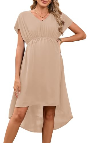Hobrounn Abito premaman da donna, con scollo a V, a maniche corte, estivo, a vita alta, per donne incinte, albicocca, M