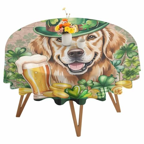 St. Patrick's Day Round Tablecloth 60 Inch, Dog Gold Coin Beer Shamrock Wood Round Table Cloth Waterproof & Washable Table Cover Decorative Tablecloth for Kitchen Dining Picnic Camping Party