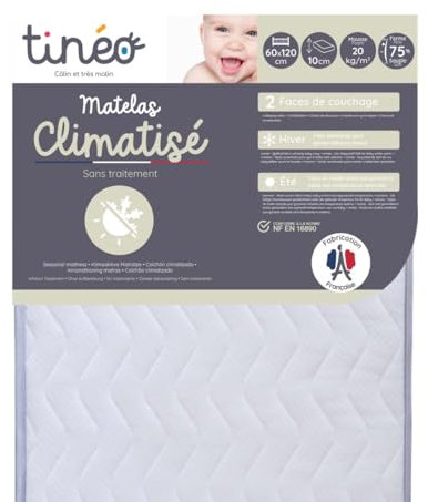 Tinéo - Matelas Climatisé 60x120x10cm - Matelas Bébé - Climatisé - 1 Face Été - 1 Face Hiver - sans Traitement - Densité 20 kg/m3 - Fabriqué en France
