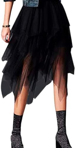 YILEEGOO Women's Tulle Skirt High Waist Tiered Layered Mesh Ballet Prom Party Tulle Tutu A-line Midi Skirt (Black, ONE Size)