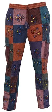 Ezhippie unisex handgjorda hippie lappverk byxor, 100 % bomull bohemisk stil elastisk midja cargobyxor, flerfärgad, XXL