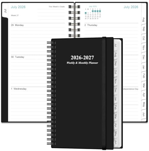 2026 Fickplanerare/kalender – 2026 planerare från januari 2026 – december 2026, planerare 2025 med 12 flikar, dubbeltrådsbindning, innerficka, 9,5 cm x 6,75, svart