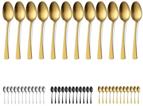 Bestdin Lot de 12 cuillères à soupe, 20,5 cm, Cuillères à soupe, Couverts modernes, Pour la maison, les fêtes, les restaurants, les cafétérias, passe au lave-vaisselle, Or mat