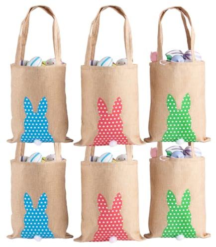 GISELA D 6 Pack Easter Bunny Bags Jute Burlap Bunny Ear Tote Bags Baskets for Easter Egg Hunt