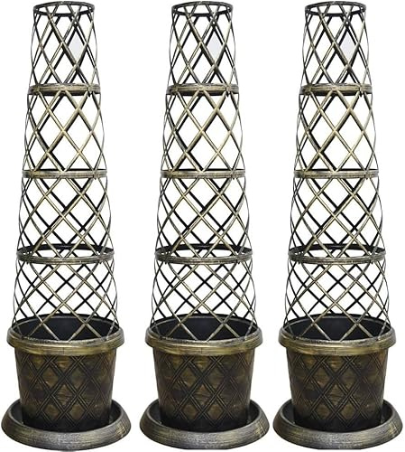 Thompson & Morgan Large Patio Tower Pot Frame Saucer Kit Matching Lattice Style Black Burnt Gold Effect Planting Climbing Flowers Vines Vegetables Durable Plastic (3 x Tower Pot Kit)