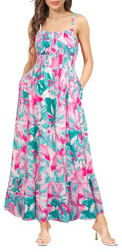 GRACE KARIN Robe de Cocktail Casual Femme Bretelles Spaghetti A-Ligne Dos Nu Bustier Taille Haute Décontractée Motif Floral L Fleurs Rose-Vert sur Blanc