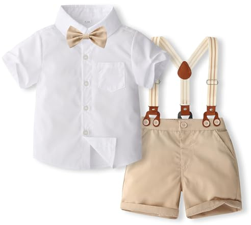 Carolilly Ensemble Costume Gentleman Eté pour Bébé Garçon, Chemisier à Manches Courtes avec Noeud + Shorts à Bretelles
