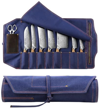 HEZHEN Borsa per Coltelli, Portatile 16oz Tela Spessa Rotolo di Coltelli da Chef, 8 Fessure -1 Tasche con Cerniera-1 Tasca-Blu Profondo (Coltelli non Inclusi)