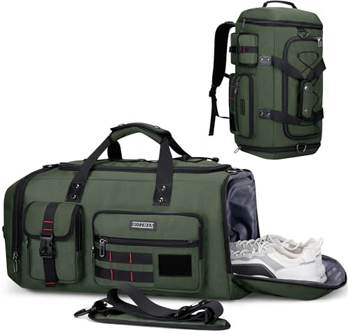 WITZMAN Sac de Voyage Homme 45L Nylon 3-in-1 Convertible Sac à Dos de Sport | Multi-compartiments avec Chaussures et Poche Sèche/Humide, Grande Capacité, Pour Voyage, Week-end, Nuitée, B693 Vert Armée