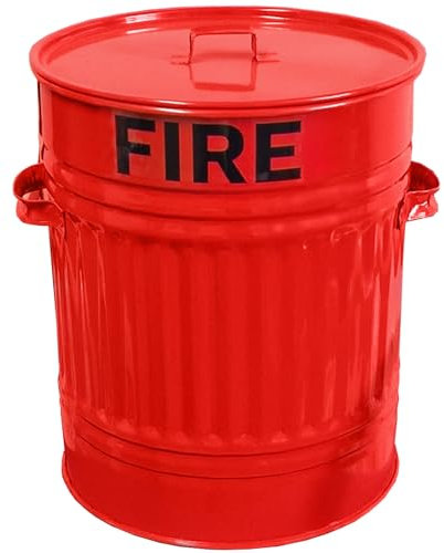 30L Red Fire Bucket Ash Bin with Lid - Metal Fire Bucket for Sand 39CM High with 30 Litre Corrugated Bin Body