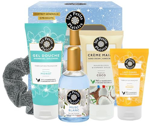 Les Petits Plaisirs - Coffret parfum Musc Blanc, Eau de toilette femme, Gel Douche, Crème Mains, Lait corps, Coffret cadeau femme, Made in France, 5 produits