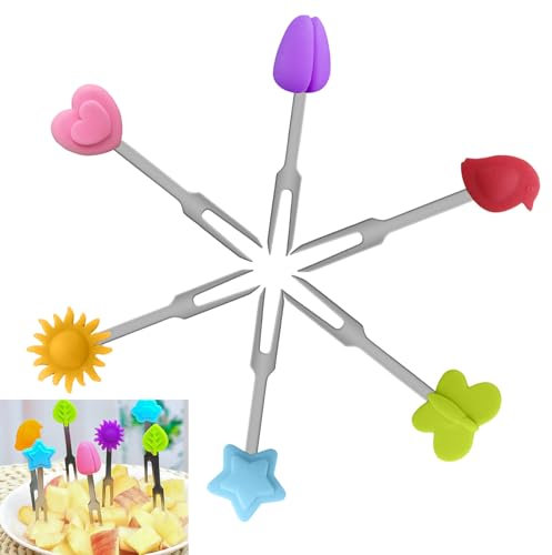 6 Pezzi Mini Forchette di Frutta Forchettine, Frutta Riutilizzabili Piccole Forchette, Forchettine da Dolce, con Colorate decorazione in silicone, per Frutta, Pranzo Dessert tè Pomeridiano Picnic